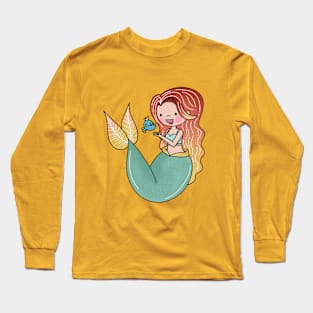 Mermaid with her fish friend Long Sleeve T-Shirt